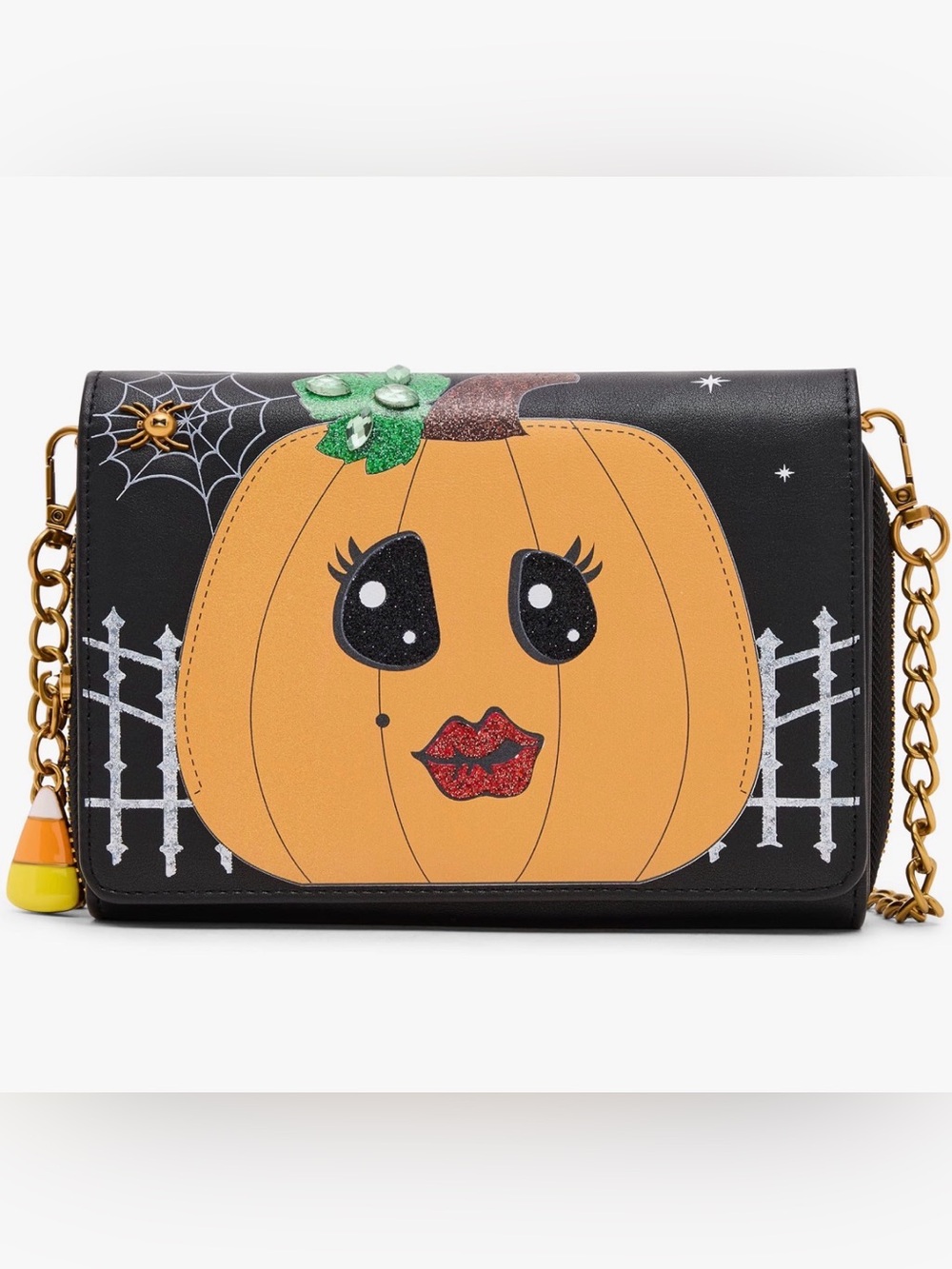 Betsey Johnson Black Crossbody Bag with Orange Pumpkin Appliqué